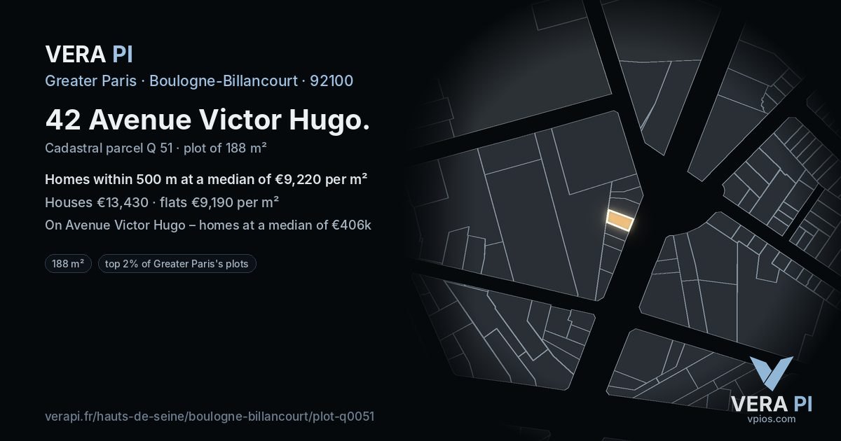 42 Avenue Victor Hugo, Boulogne-Billancourt at night – the plot lit, the parcels around coloured by the prices near them