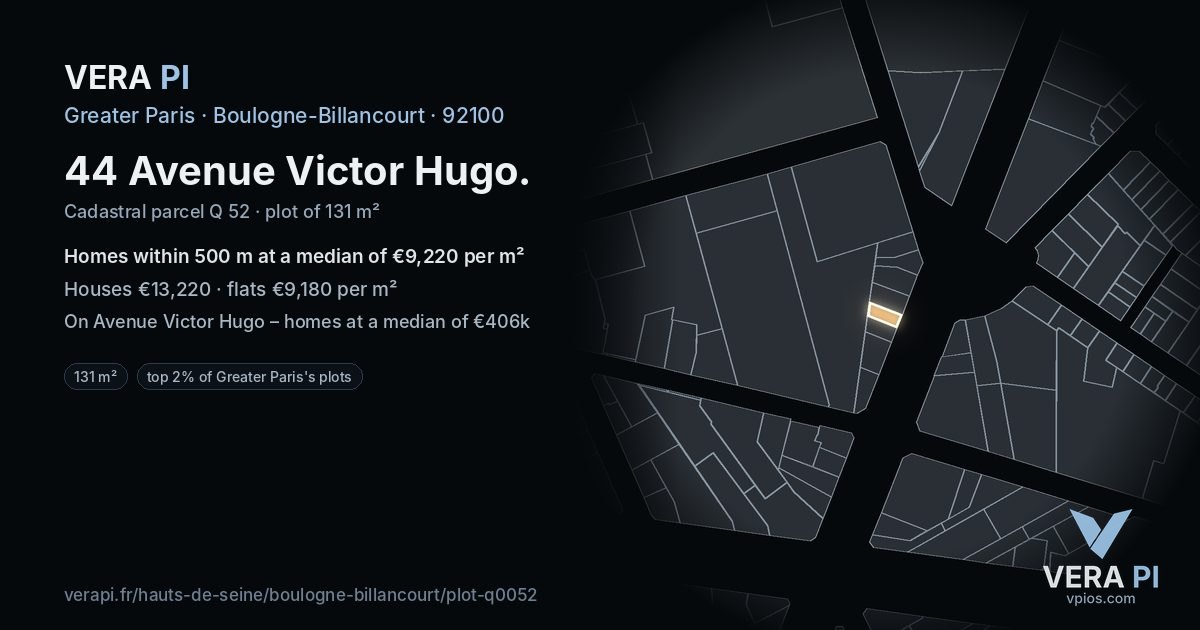 44 Avenue Victor Hugo, Boulogne-Billancourt at night – the plot lit, the parcels around coloured by the prices near them