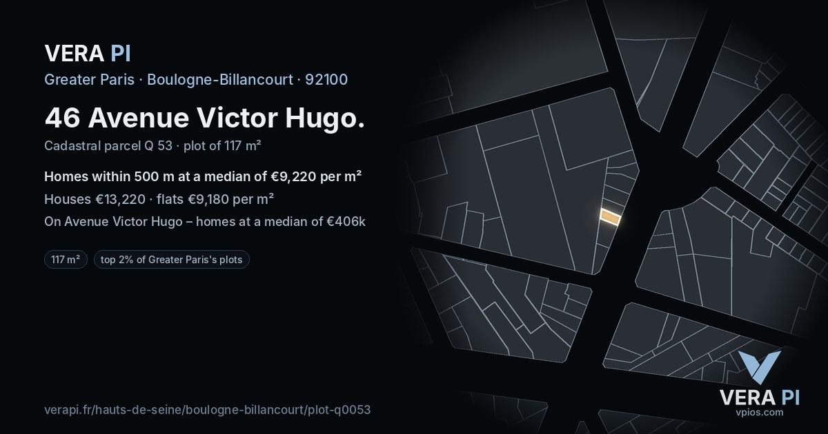 46 Avenue Victor Hugo, Boulogne-Billancourt at night – the plot lit, the parcels around coloured by the prices near them