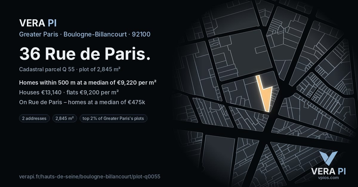 36 Rue de Paris, Boulogne-Billancourt at night – the plot lit, the parcels around coloured by the prices near them