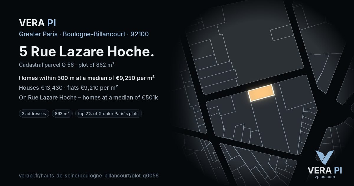5 Rue Lazare Hoche, Boulogne-Billancourt at night – the plot lit, the parcels around coloured by the prices near them