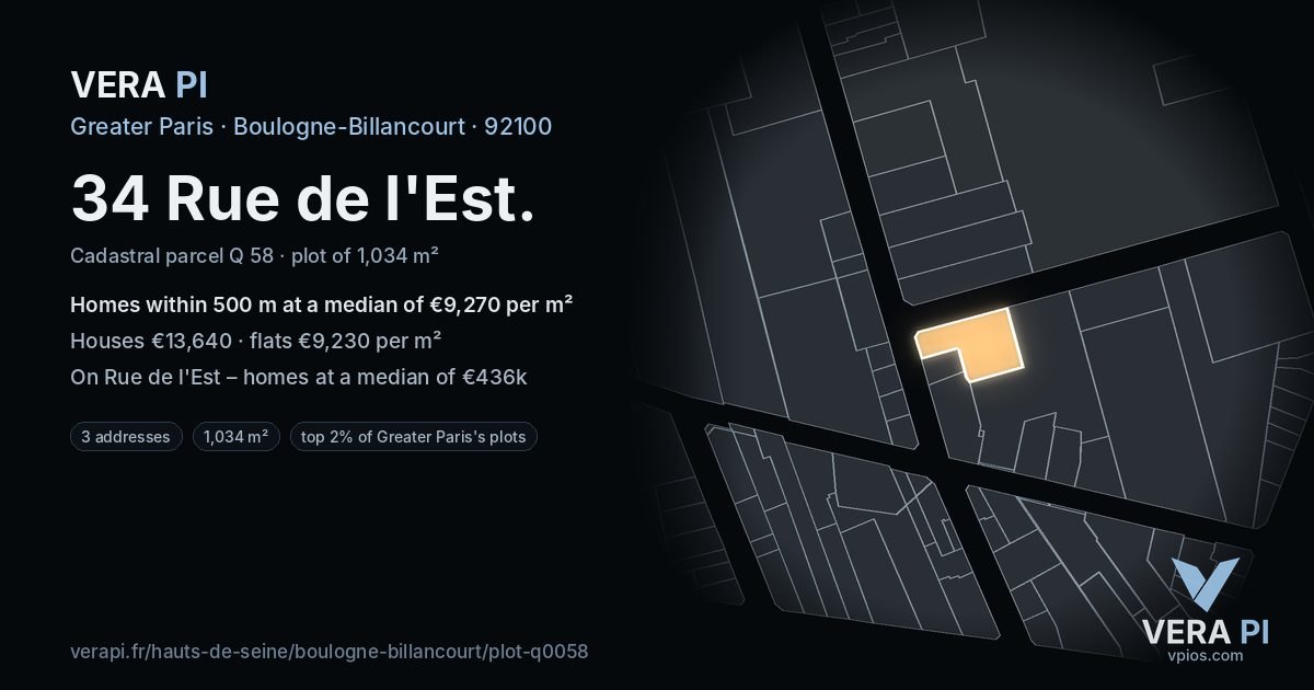 34 Rue de l'Est, Boulogne-Billancourt at night – the plot lit, the parcels around coloured by the prices near them