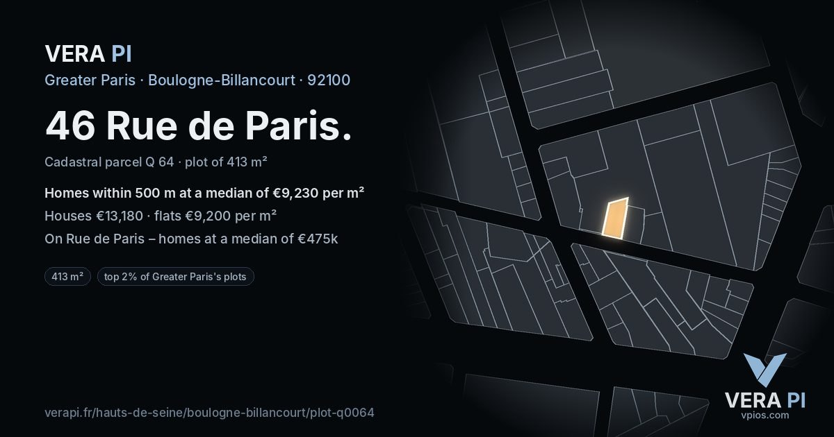 46 Rue de Paris, Boulogne-Billancourt at night – the plot lit, the parcels around coloured by the prices near them