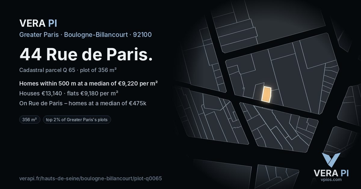 44 Rue de Paris, Boulogne-Billancourt at night – the plot lit, the parcels around coloured by the prices near them