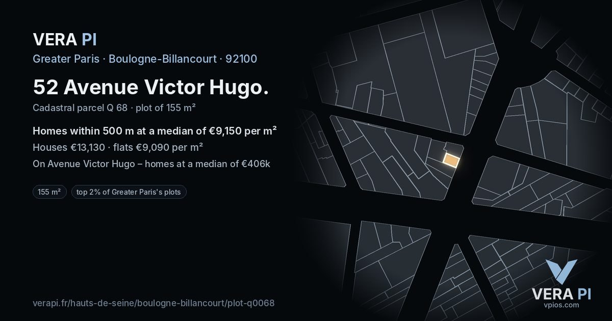 52 Avenue Victor Hugo, Boulogne-Billancourt at night – the plot lit, the parcels around coloured by the prices near them