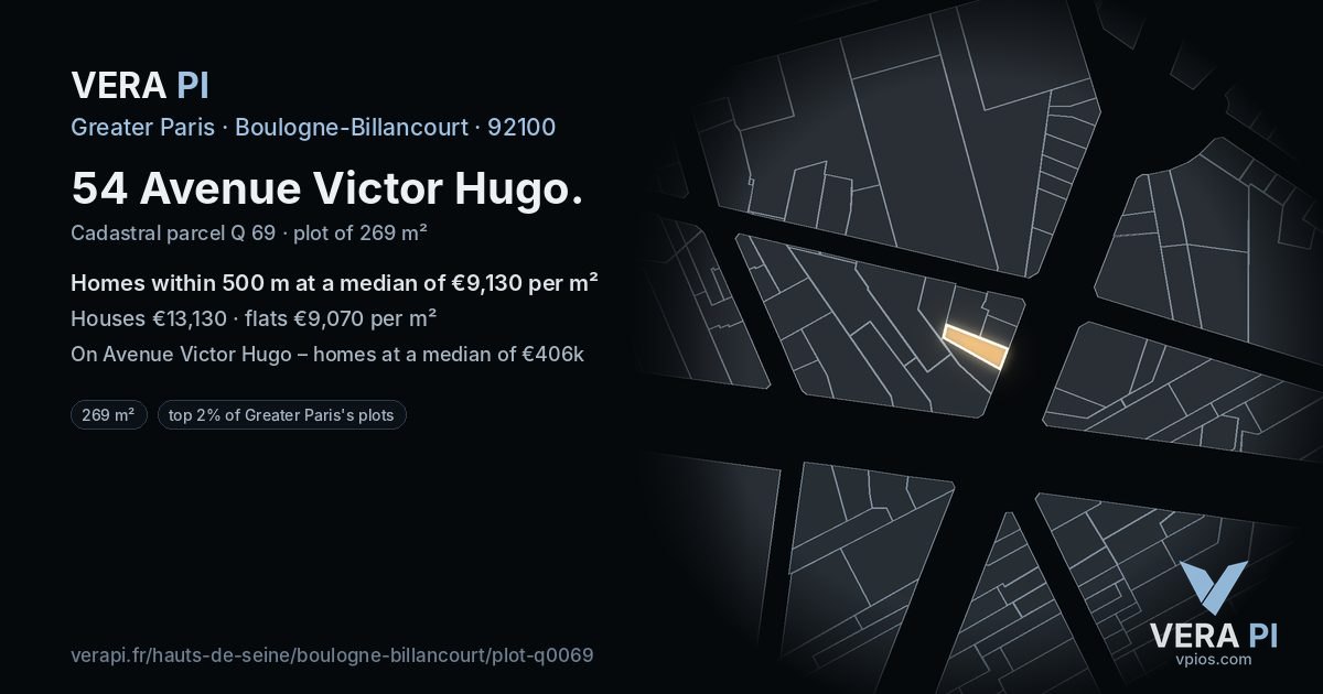 54 Avenue Victor Hugo, Boulogne-Billancourt at night – the plot lit, the parcels around coloured by the prices near them