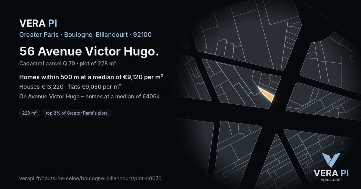 56 Avenue Victor Hugo, Boulogne-Billancourt at night – the plot lit, the parcels around coloured by the prices near them