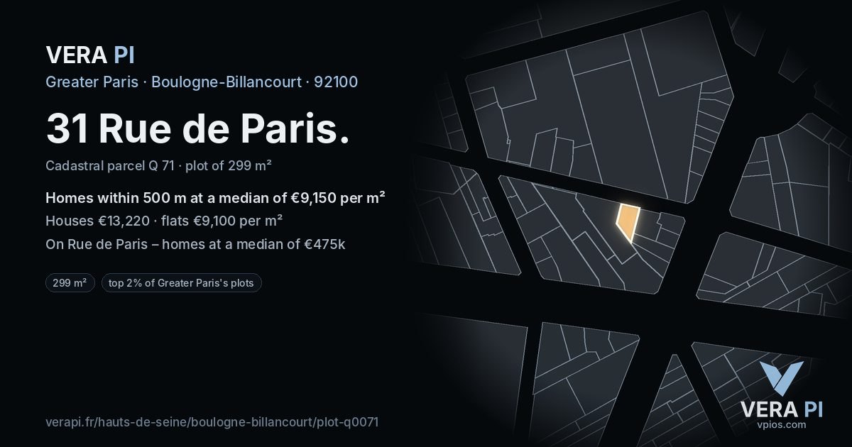 31 Rue de Paris, Boulogne-Billancourt at night – the plot lit, the parcels around coloured by the prices near them