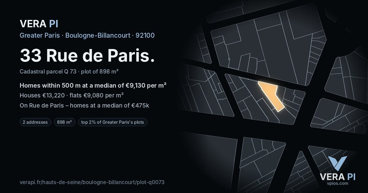 33 Rue de Paris, Boulogne-Billancourt at night – the plot lit, the parcels around coloured by the prices near them