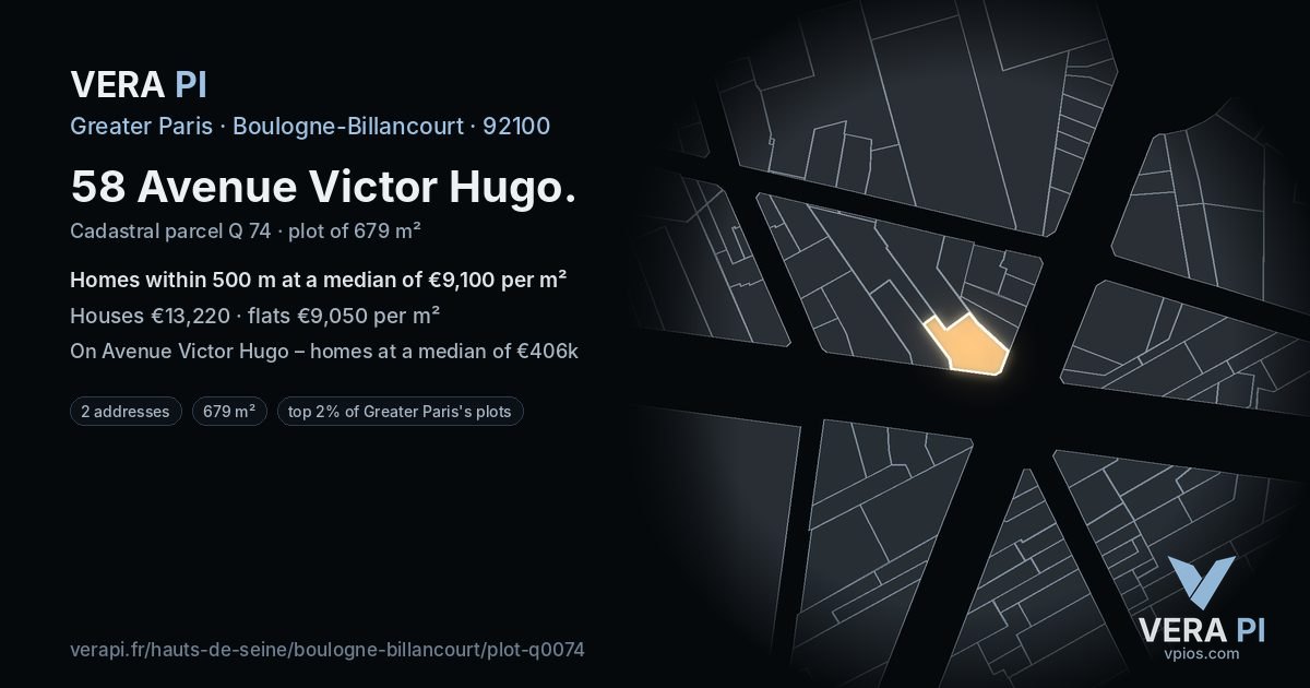 58 Avenue Victor Hugo, Boulogne-Billancourt at night – the plot lit, the parcels around coloured by the prices near them