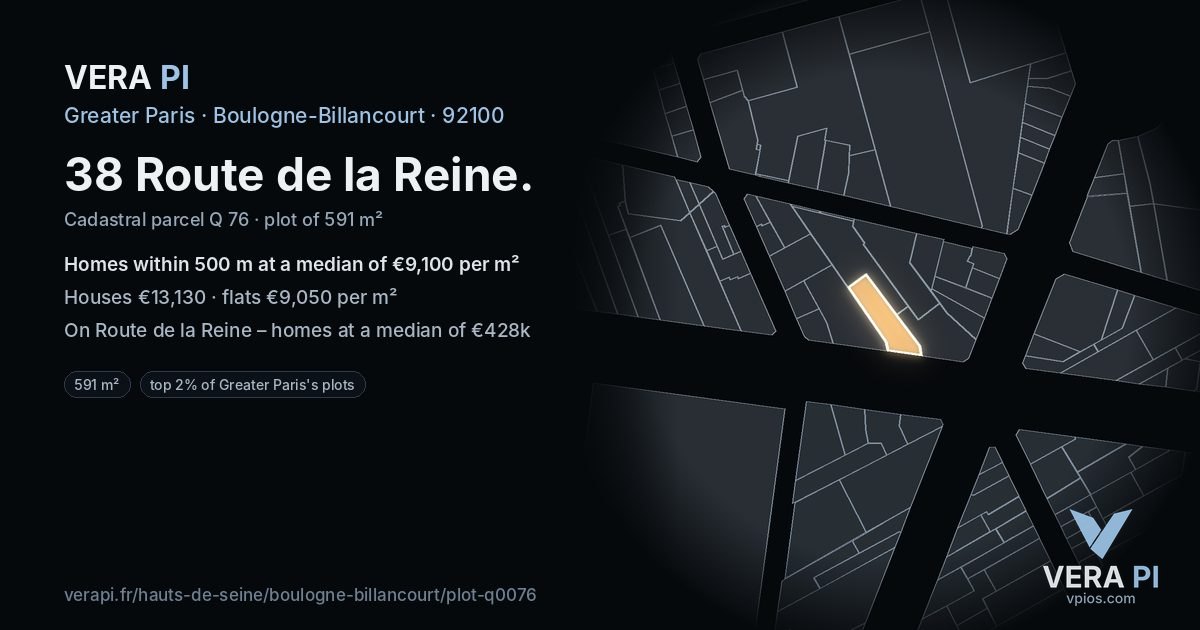 38 Route de la Reine, Boulogne-Billancourt at night – the plot lit, the parcels around coloured by the prices near them