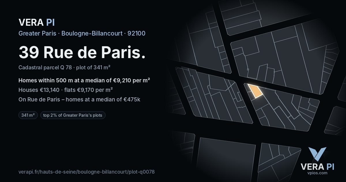 39 Rue de Paris, Boulogne-Billancourt at night – the plot lit, the parcels around coloured by the prices near them