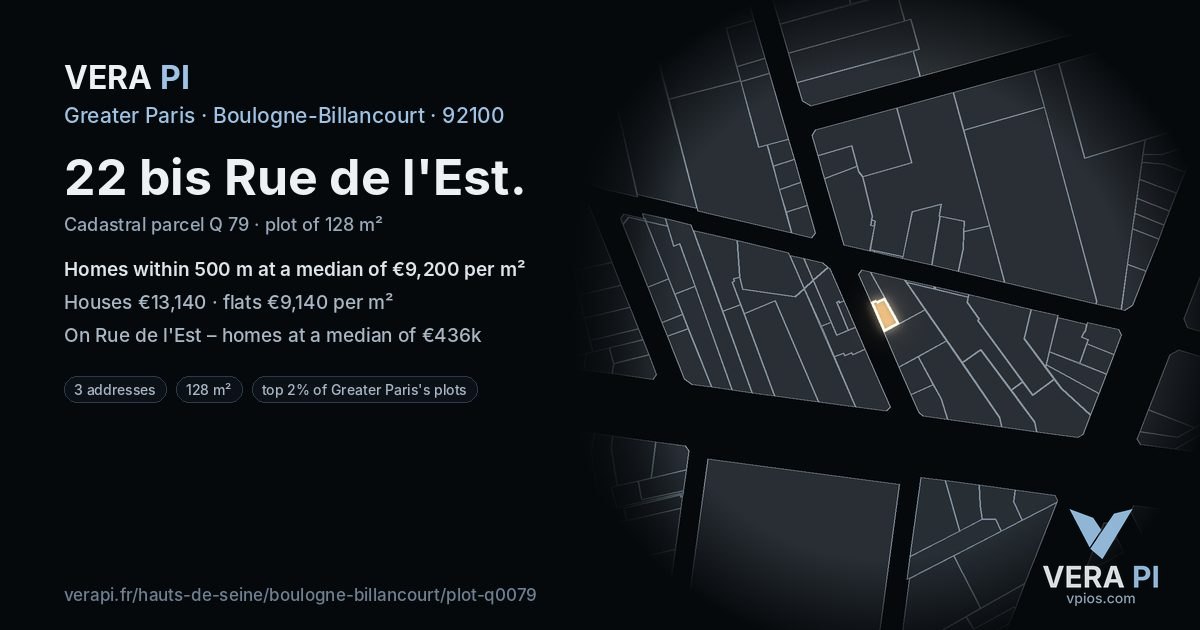 22 bis Rue de l'Est, Boulogne-Billancourt at night – the plot lit, the parcels around coloured by the prices near them