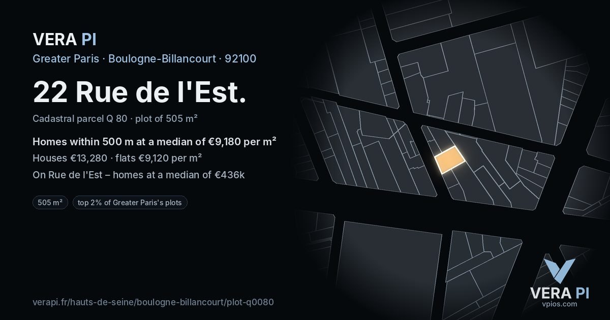 22 Rue de l'Est, Boulogne-Billancourt at night – the plot lit, the parcels around coloured by the prices near them
