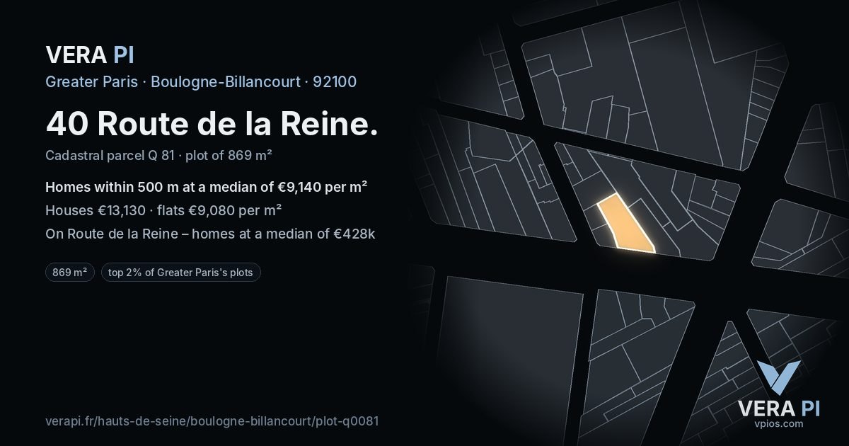 40 Route de la Reine, Boulogne-Billancourt at night – the plot lit, the parcels around coloured by the prices near them