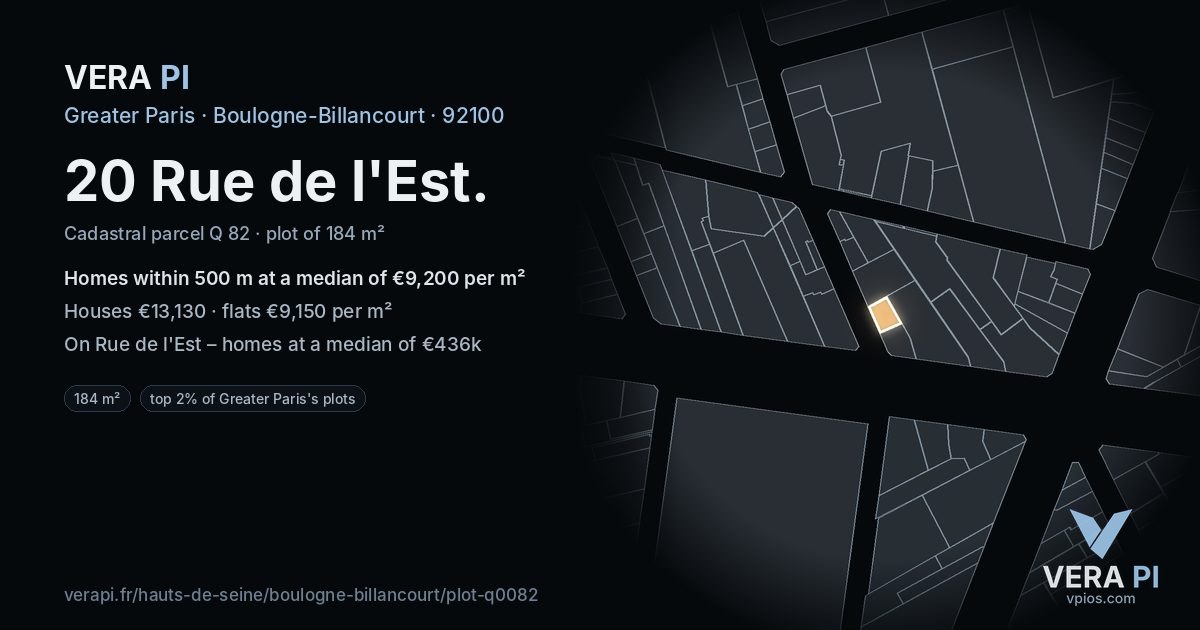 20 Rue de l'Est, Boulogne-Billancourt at night – the plot lit, the parcels around coloured by the prices near them