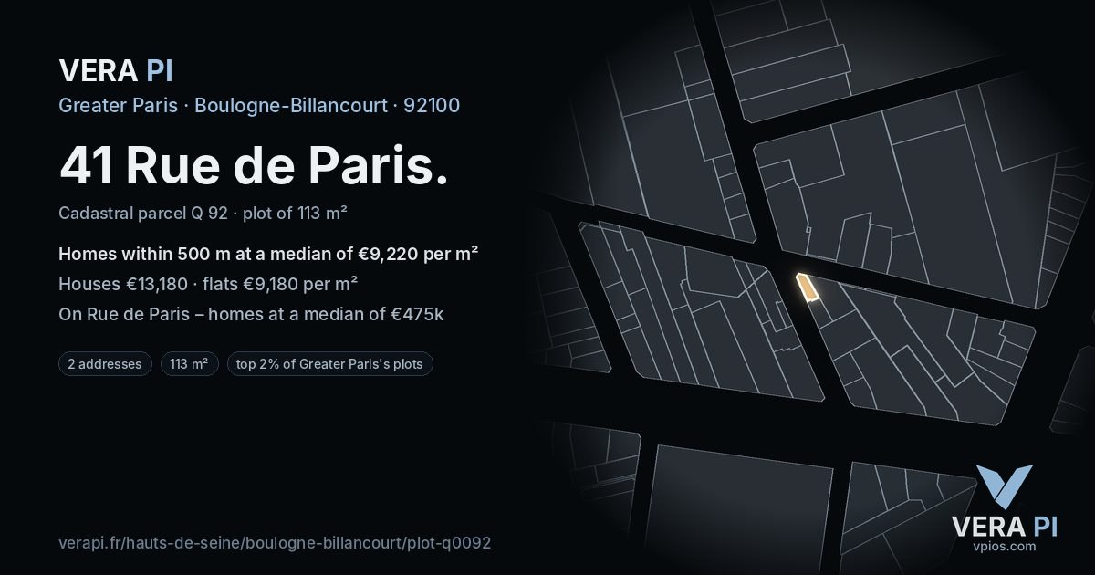 41 Rue de Paris, Boulogne-Billancourt at night – the plot lit, the parcels around coloured by the prices near them