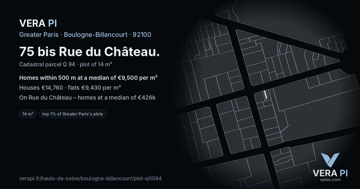 75 bis Rue du Château, Boulogne-Billancourt at night – the plot lit, the parcels around coloured by the prices near them