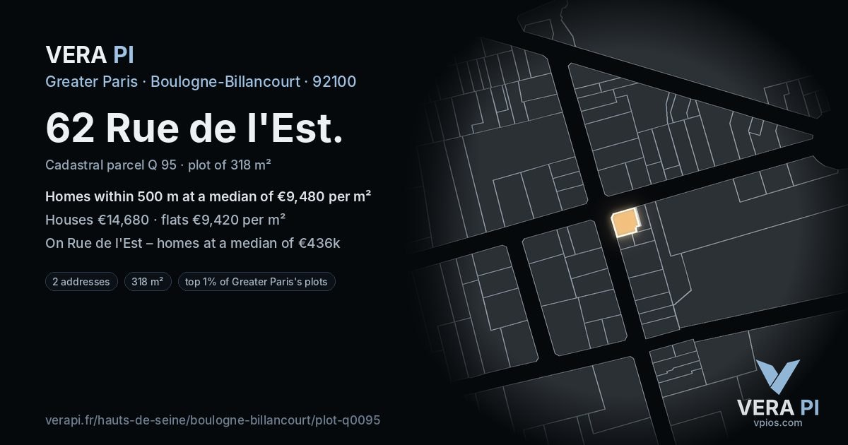 62 Rue de l'Est, Boulogne-Billancourt at night – the plot lit, the parcels around coloured by the prices near them