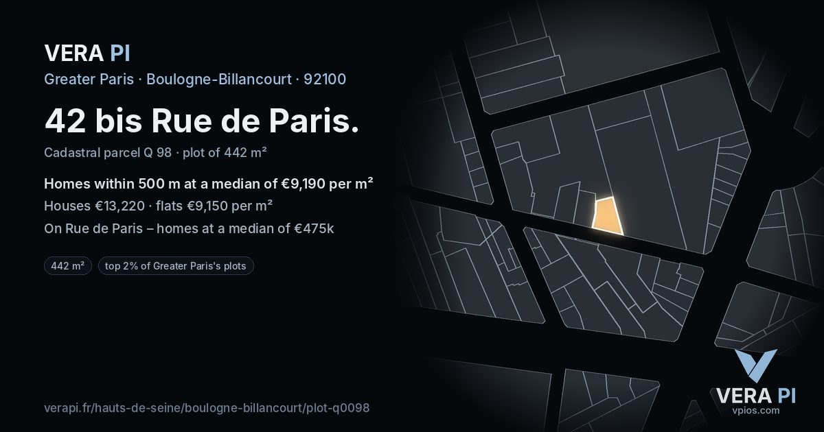 42 bis Rue de Paris, Boulogne-Billancourt at night – the plot lit, the parcels around coloured by the prices near them