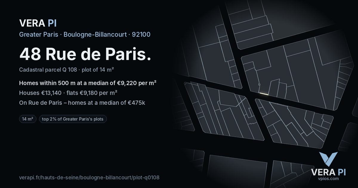 48 Rue de Paris, Boulogne-Billancourt at night – the plot lit, the parcels around coloured by the prices near them