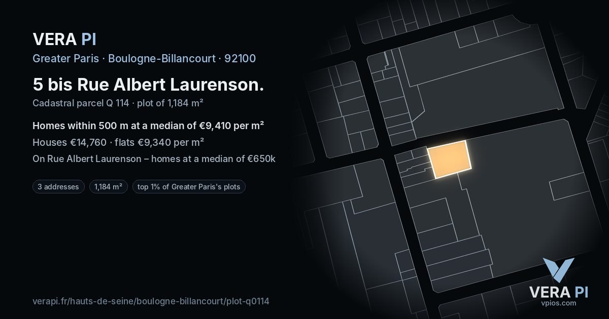 5 bis Rue Albert Laurenson, Boulogne-Billancourt at night – the plot lit, the parcels around coloured by the prices near them