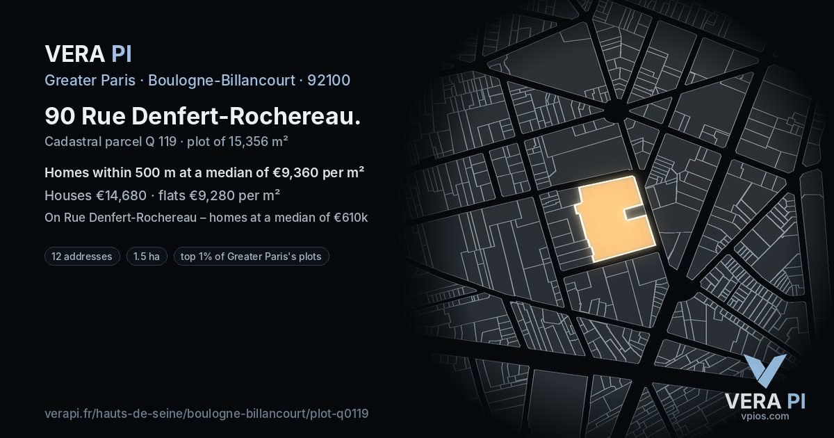 90 Rue Denfert-Rochereau, Boulogne-Billancourt at night – the plot lit, the parcels around coloured by the prices near them