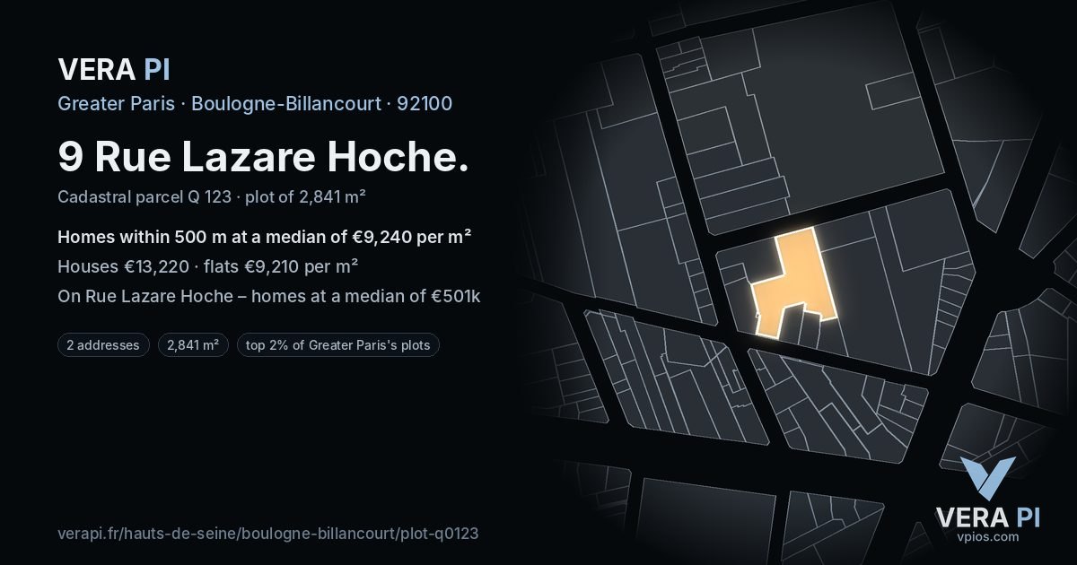 9 Rue Lazare Hoche, Boulogne-Billancourt at night – the plot lit, the parcels around coloured by the prices near them