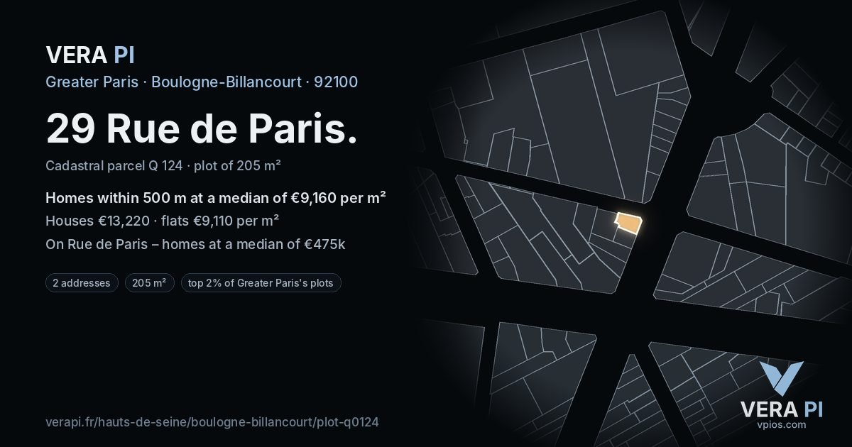 29 Rue de Paris, Boulogne-Billancourt at night – the plot lit, the parcels around coloured by the prices near them