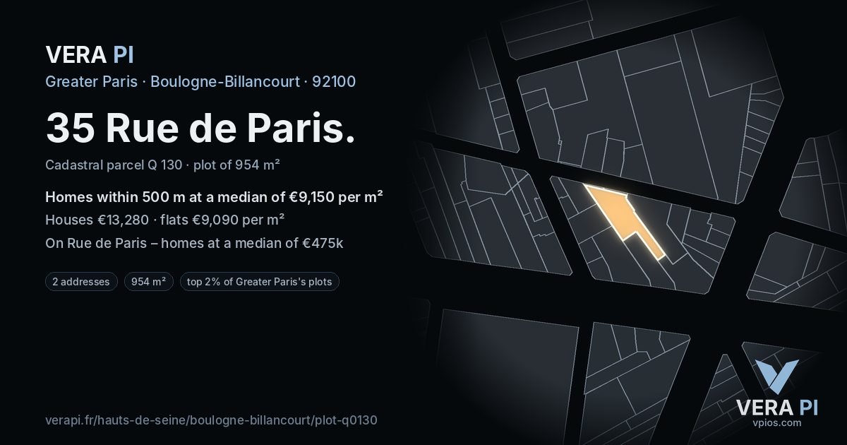 35 Rue de Paris, Boulogne-Billancourt at night – the plot lit, the parcels around coloured by the prices near them