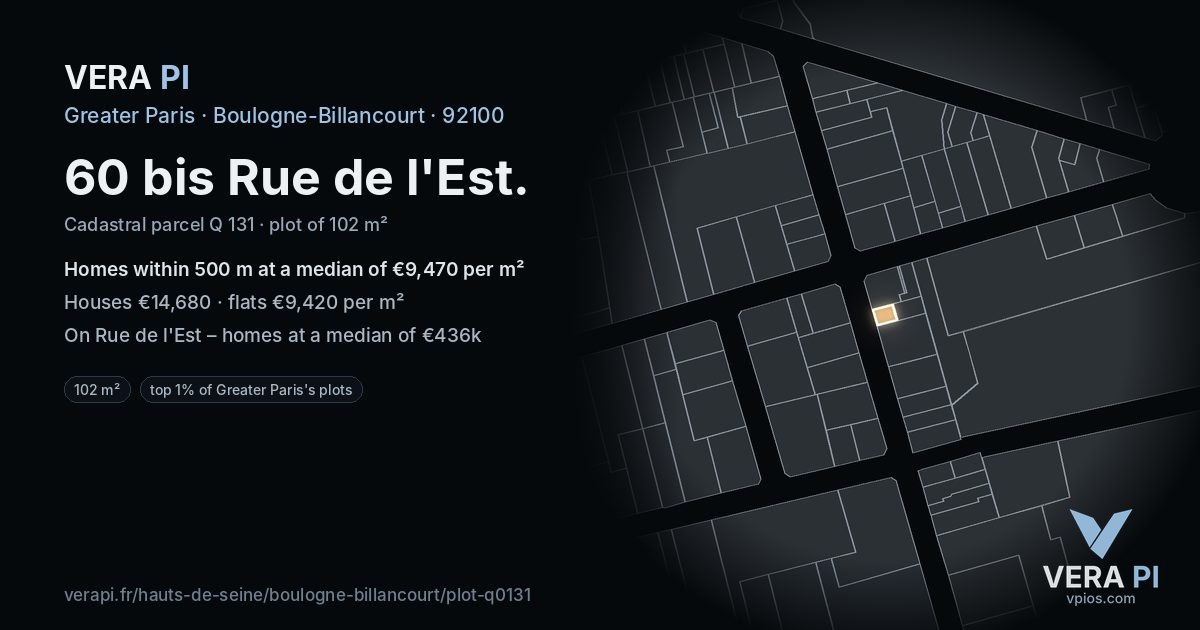 60 bis Rue de l'Est, Boulogne-Billancourt at night – the plot lit, the parcels around coloured by the prices near them