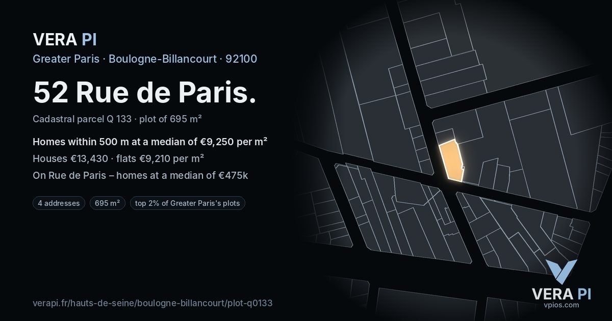52 Rue de Paris, Boulogne-Billancourt at night – the plot lit, the parcels around coloured by the prices near them