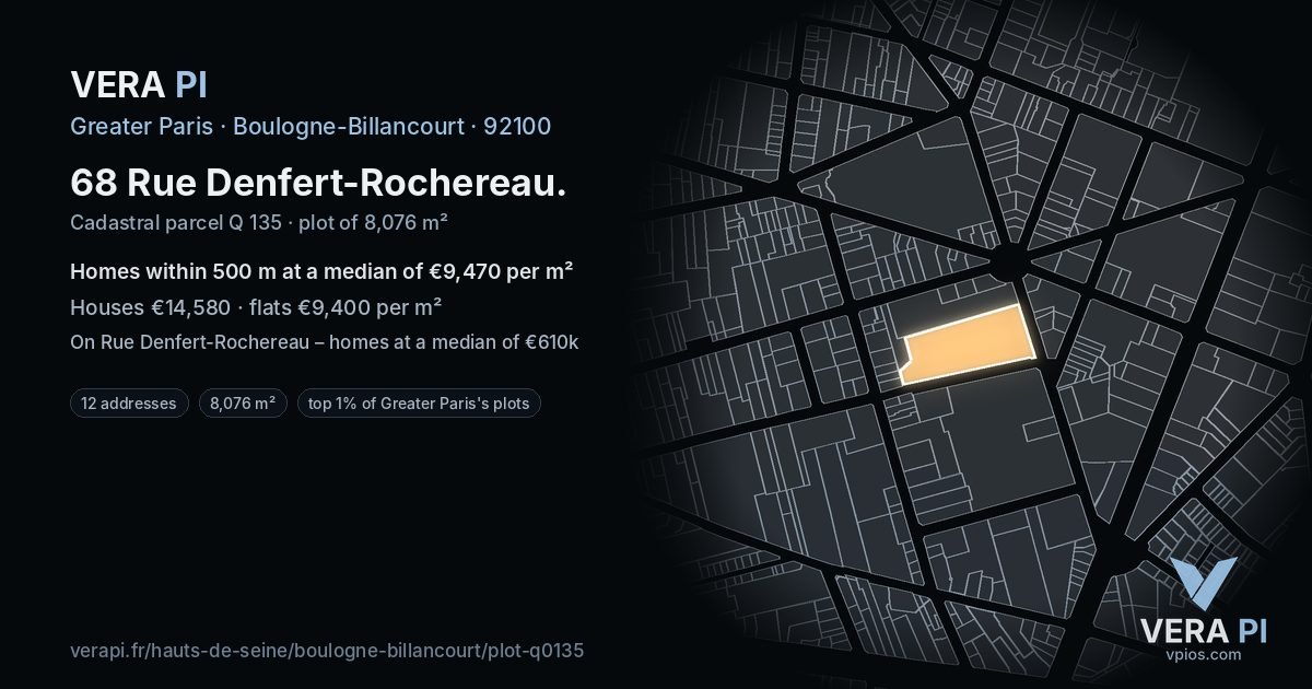 68 Rue Denfert-Rochereau, Boulogne-Billancourt at night – the plot lit, the parcels around coloured by the prices near them