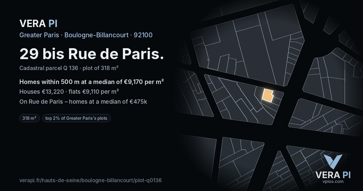 29 bis Rue de Paris, Boulogne-Billancourt at night – the plot lit, the parcels around coloured by the prices near them