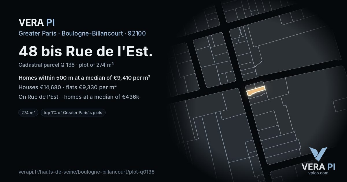 48 bis Rue de l'Est, Boulogne-Billancourt at night – the plot lit, the parcels around coloured by the prices near them