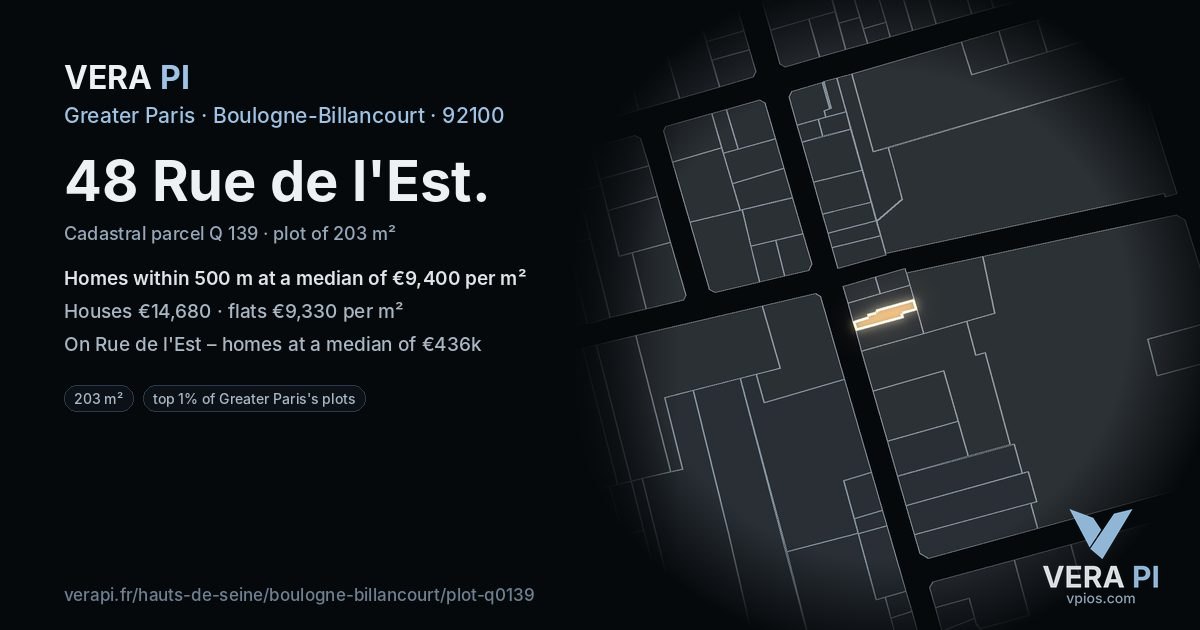48 Rue de l'Est, Boulogne-Billancourt at night – the plot lit, the parcels around coloured by the prices near them