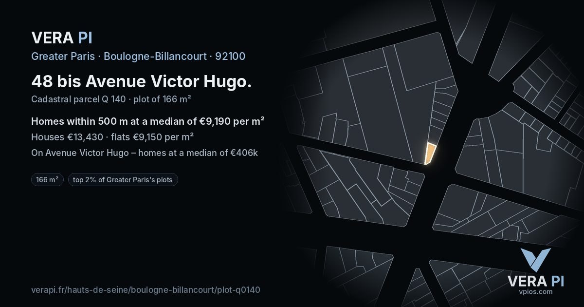 48 bis Avenue Victor Hugo, Boulogne-Billancourt at night – the plot lit, the parcels around coloured by the prices near them