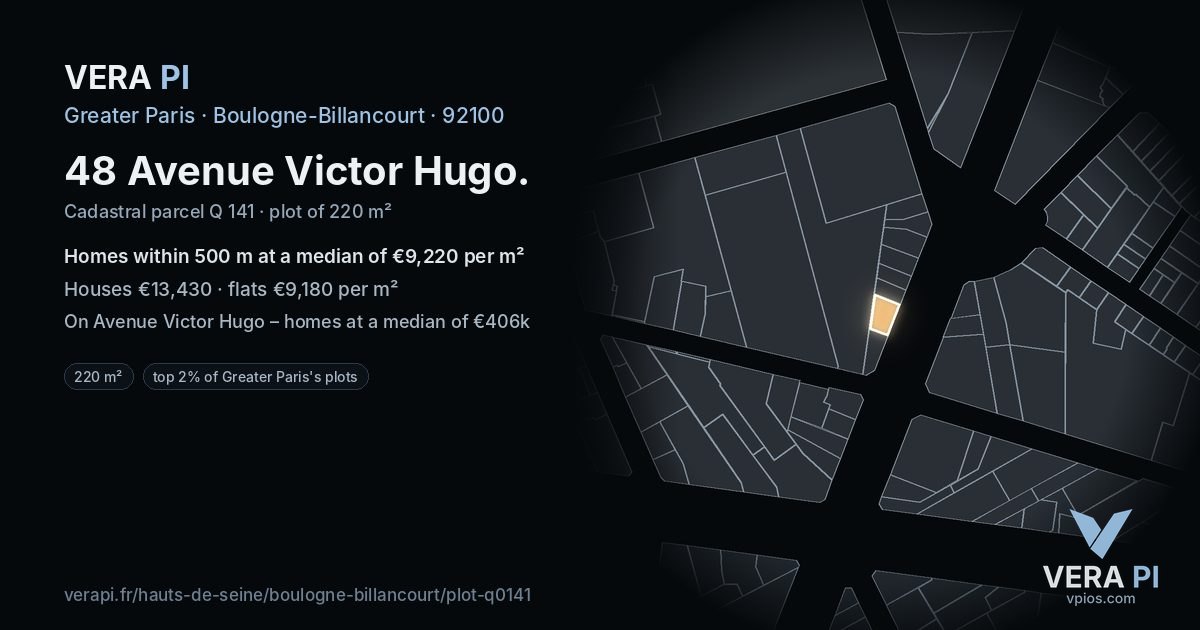 48 Avenue Victor Hugo, Boulogne-Billancourt at night – the plot lit, the parcels around coloured by the prices near them
