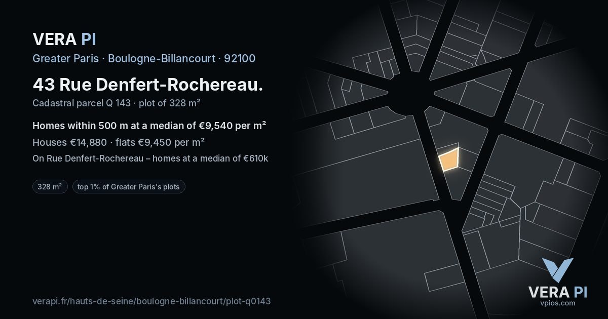 43 Rue Denfert-Rochereau, Boulogne-Billancourt at night – the plot lit, the parcels around coloured by the prices near them