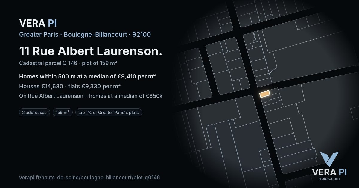 11 Rue Albert Laurenson, Boulogne-Billancourt at night – the plot lit, the parcels around coloured by the prices near them