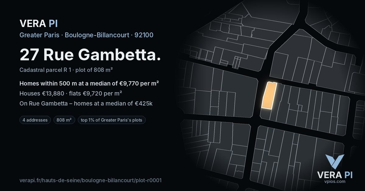 27 Rue Gambetta, Boulogne-Billancourt at night – the plot lit, the parcels around coloured by the prices near them