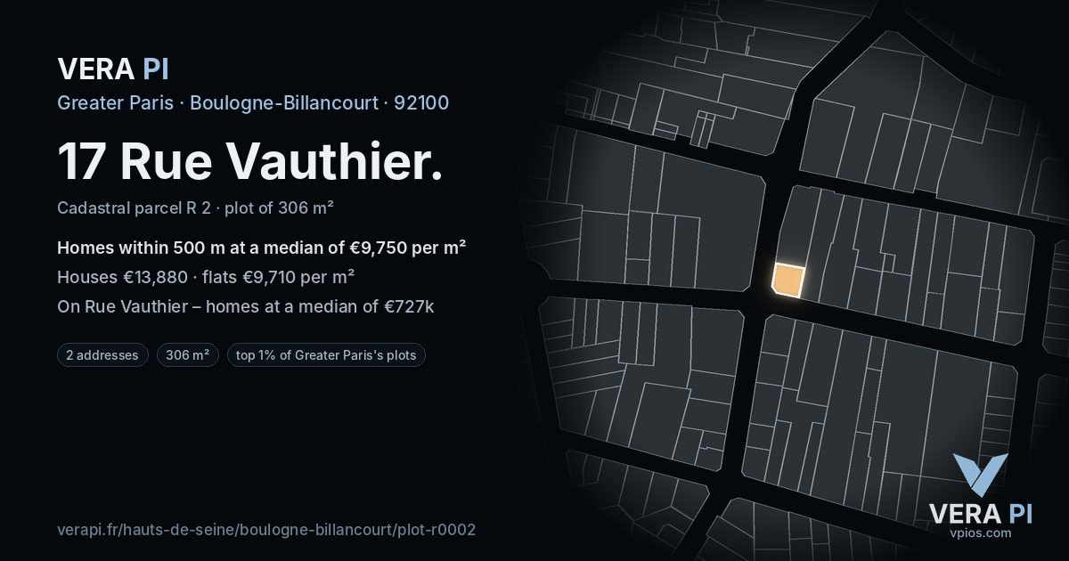 17 Rue Vauthier, Boulogne-Billancourt at night – the plot lit, the parcels around coloured by the prices near them