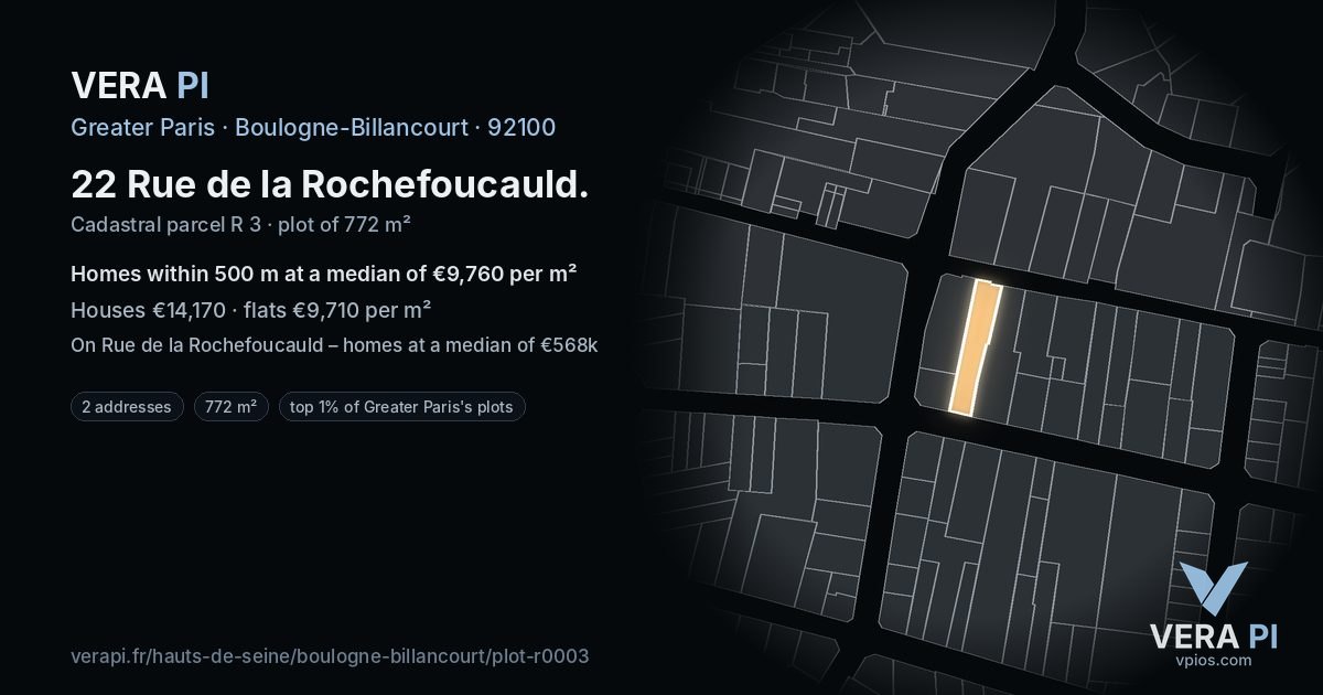 22 Rue de la Rochefoucauld, Boulogne-Billancourt at night – the plot lit, the parcels around coloured by the prices near them