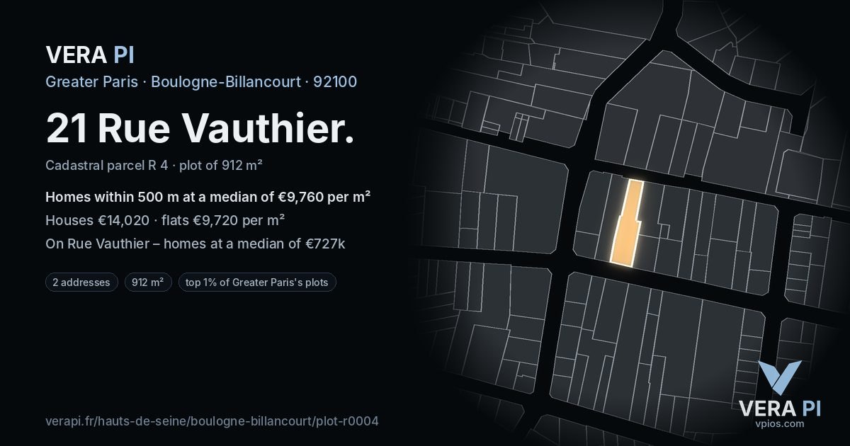 21 Rue Vauthier, Boulogne-Billancourt at night – the plot lit, the parcels around coloured by the prices near them