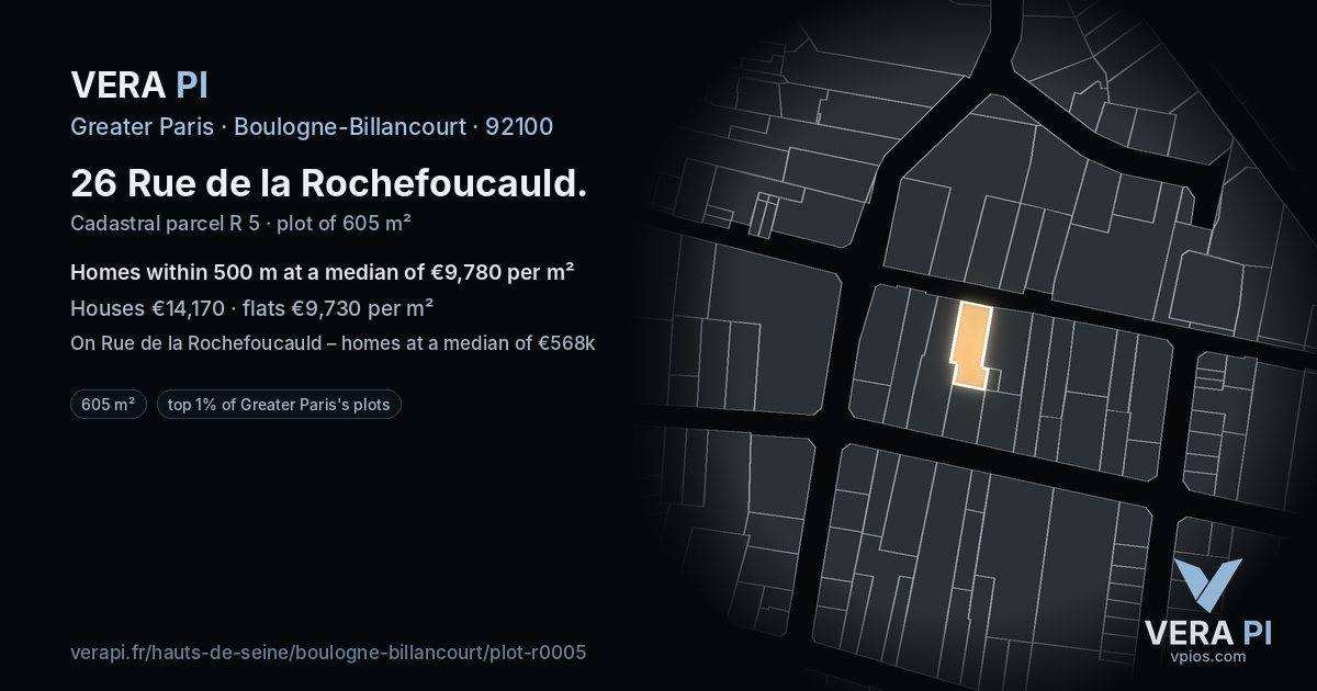 26 Rue de la Rochefoucauld, Boulogne-Billancourt at night – the plot lit, the parcels around coloured by the prices near them