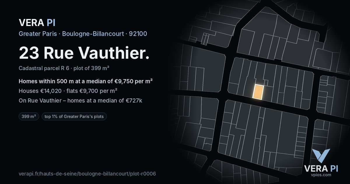 23 Rue Vauthier, Boulogne-Billancourt at night – the plot lit, the parcels around coloured by the prices near them