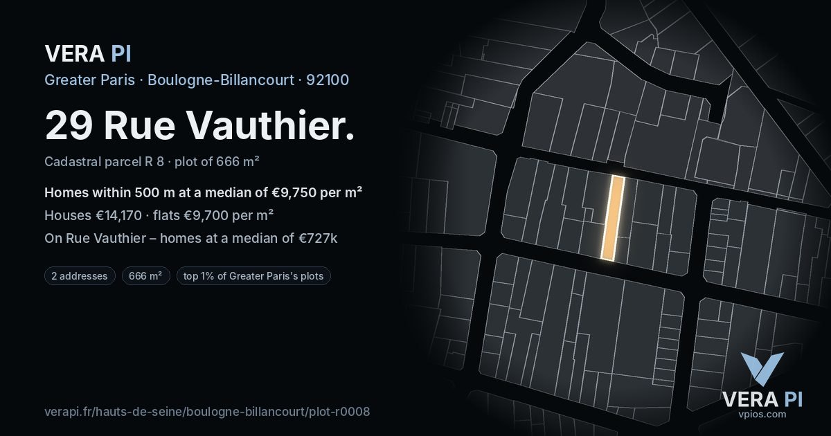 29 Rue Vauthier, Boulogne-Billancourt at night – the plot lit, the parcels around coloured by the prices near them