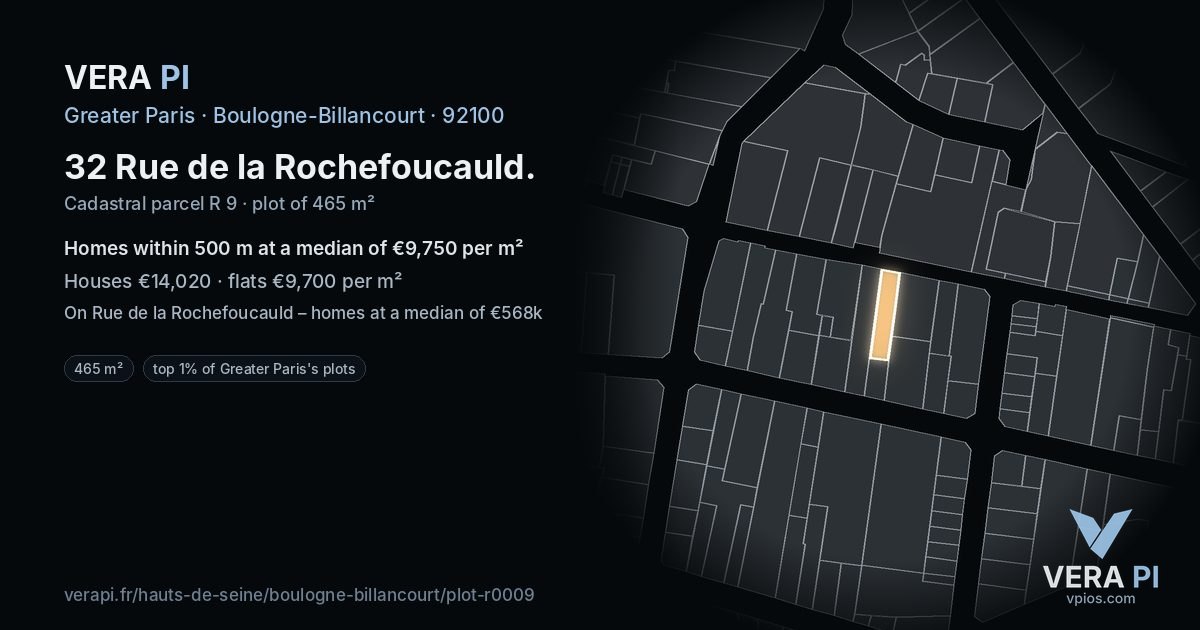 32 Rue de la Rochefoucauld, Boulogne-Billancourt at night – the plot lit, the parcels around coloured by the prices near them