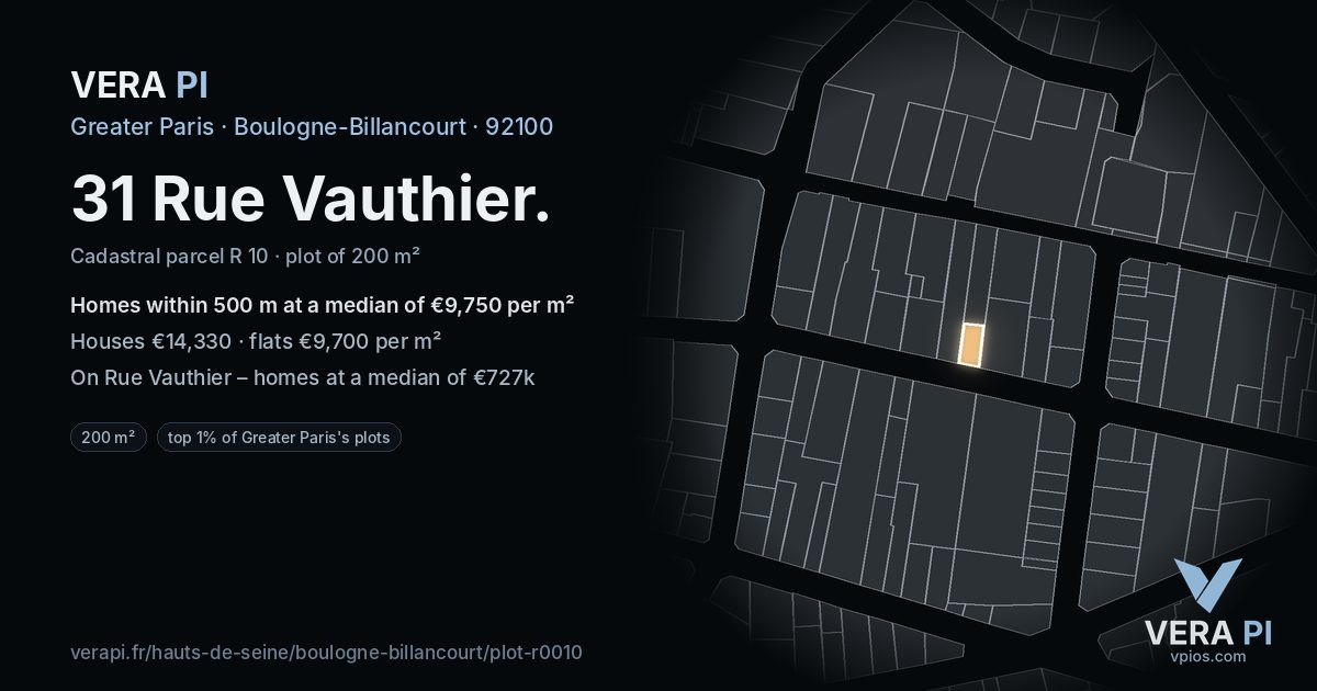 31 Rue Vauthier, Boulogne-Billancourt at night – the plot lit, the parcels around coloured by the prices near them