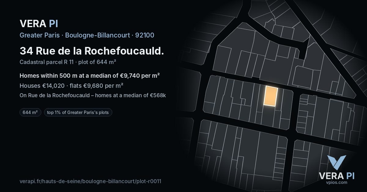 34 Rue de la Rochefoucauld, Boulogne-Billancourt at night – the plot lit, the parcels around coloured by the prices near them